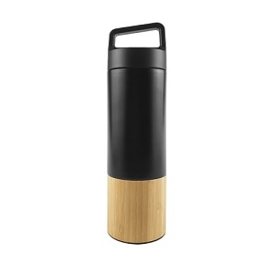 Stainless Steel Black Bottle with Bamboo - Black